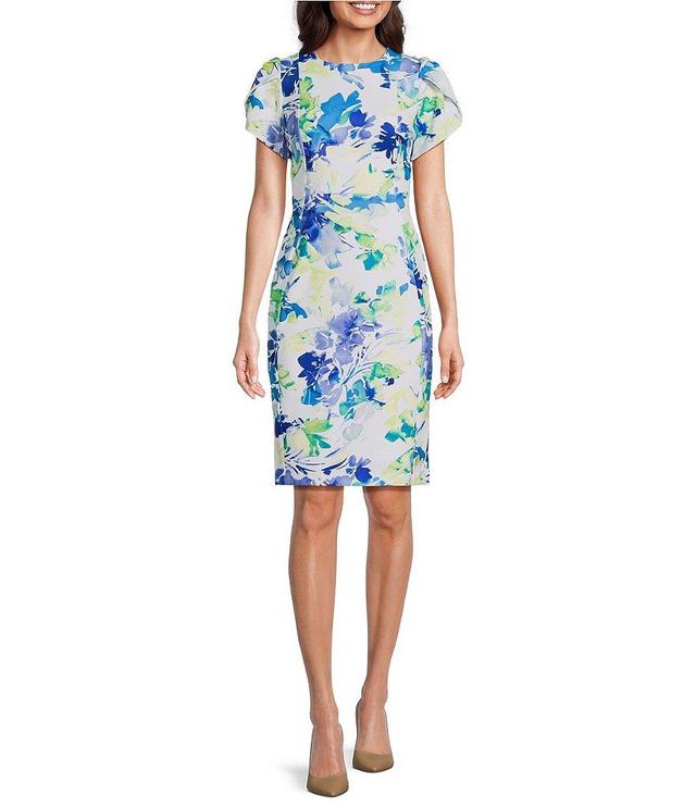 Calvin Klein Scuba Crepe Short Sleeve Crew Neck Floral Dress Product Image