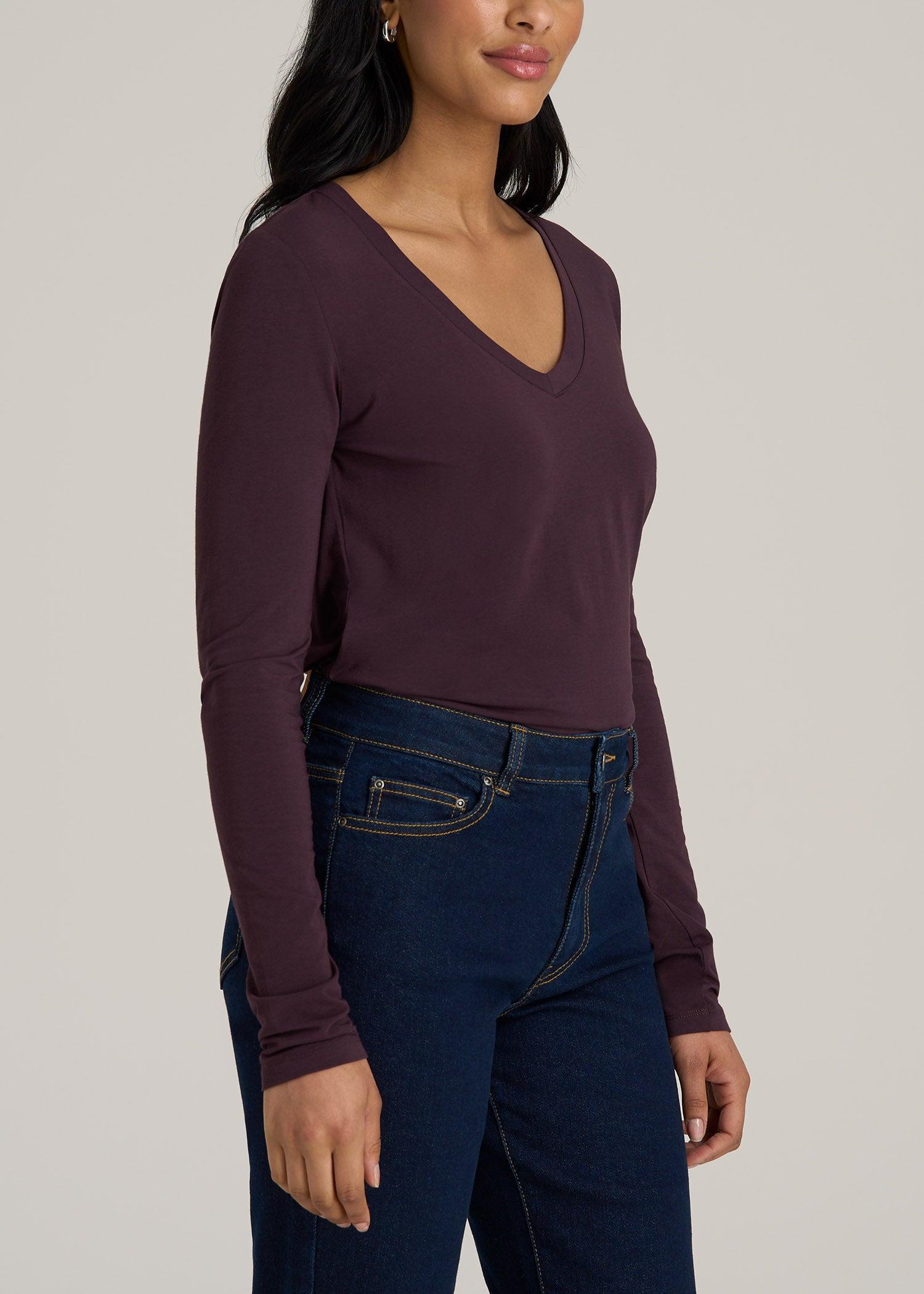 Long Sleeve Scoop V-Neck Tee Shirt for Tall Women in Deep Purple Female Product Image