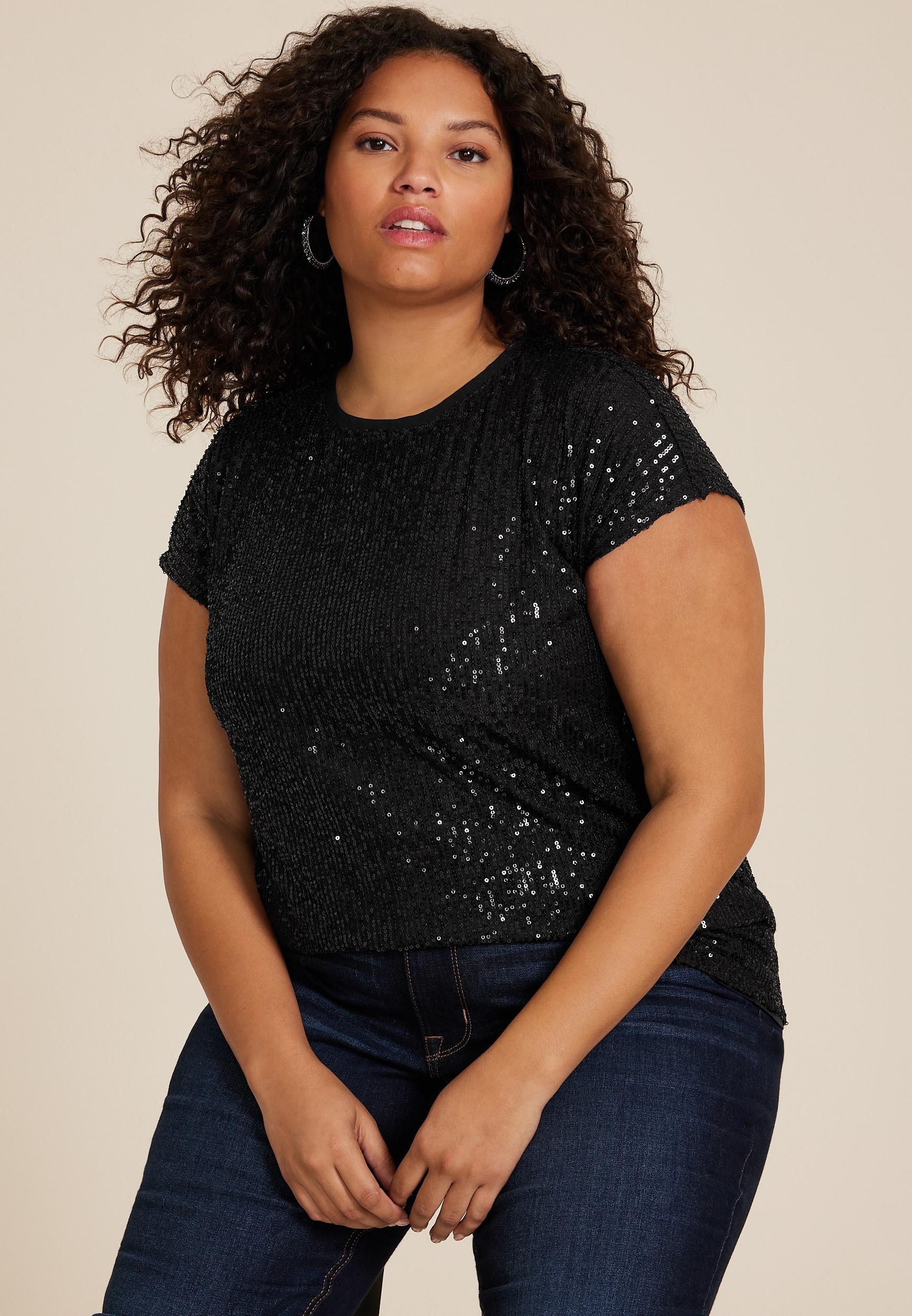 Maurices 1X Plus Size Womens Edgely Sequin Short Sleeve Tee Product Image