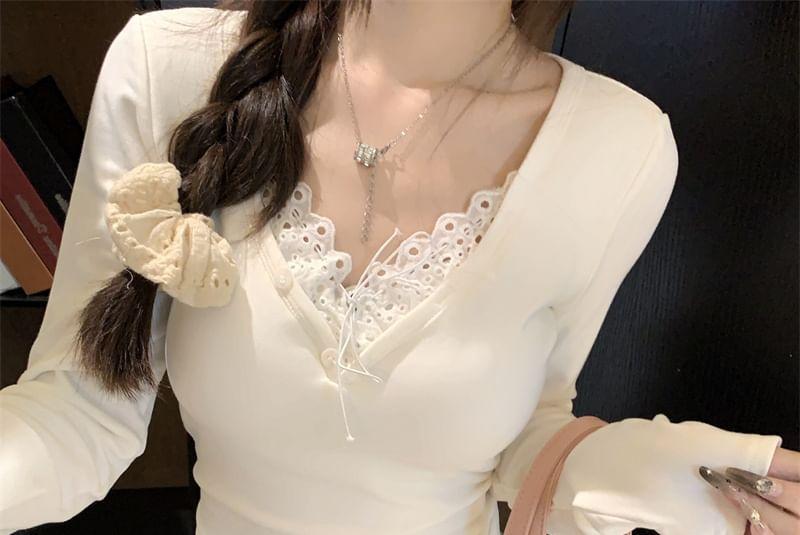 Long-Sleeve V-Neck Lace Panel Top Product Image