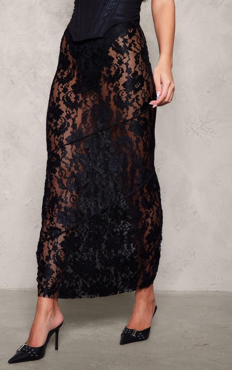 Black Seam Detail Lace Maxi Skirt Product Image