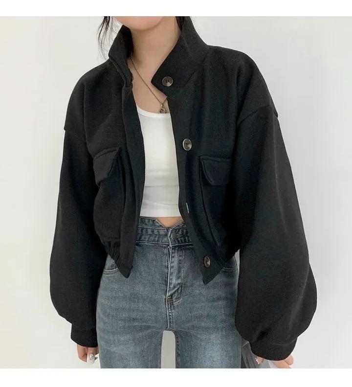 Stand Collar Plain Button-Up Crop Jacket Product Image