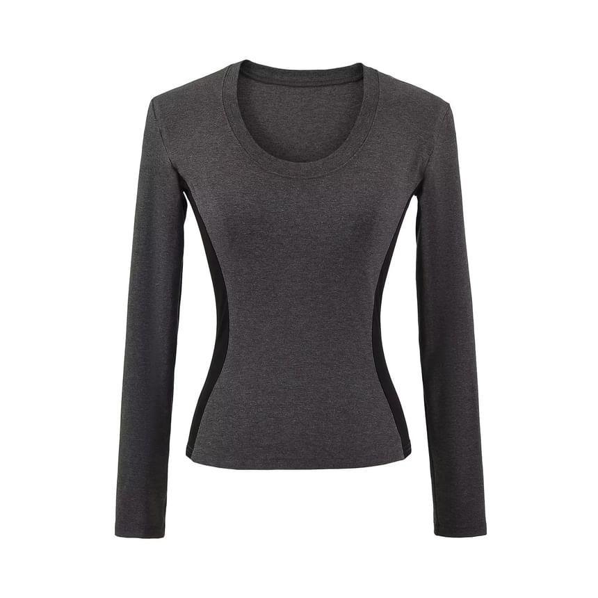 Long-Sleeve Scoop Neck Plain Crop Top Product Image