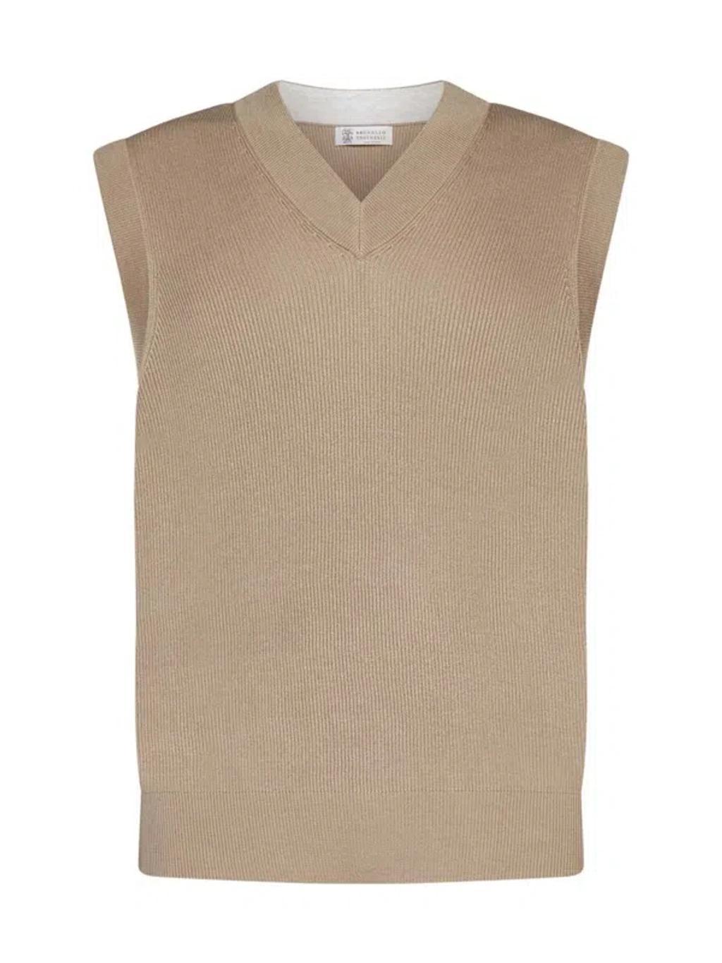 BRUNELLO CUCINELLI Ribbed Cotton Sweater Vest In Beige Product Image