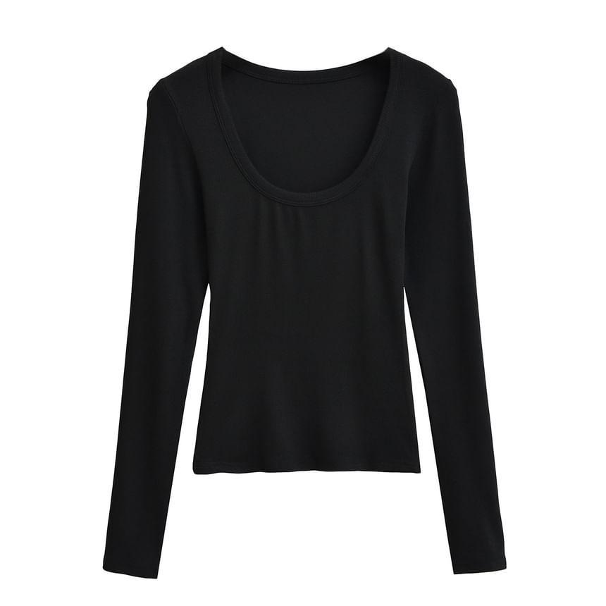 Long-Sleeve Scoop Neck Plain Crop Tee Product Image