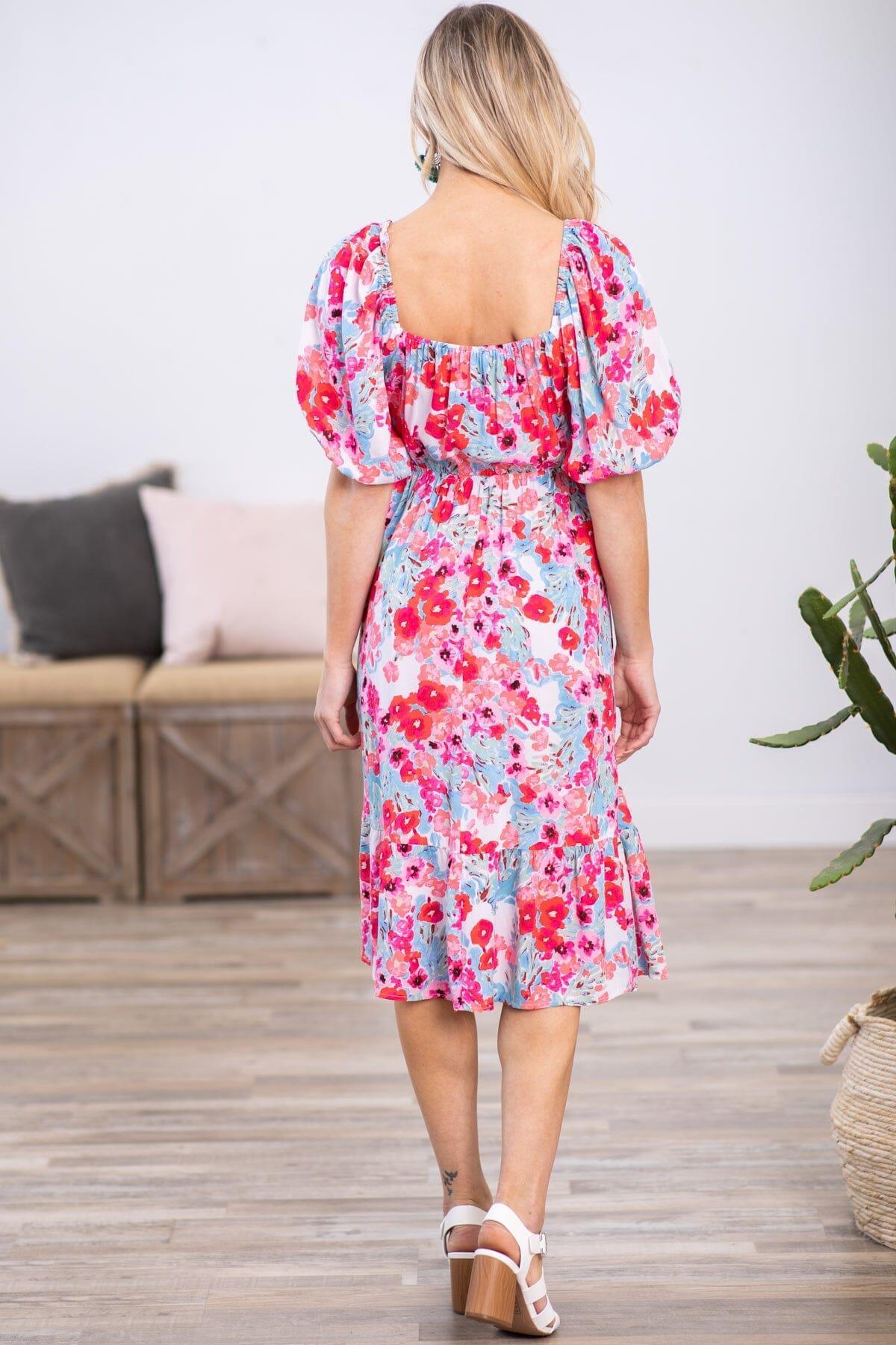 Sky Blue and Pink Puff Sleeve Floral Dress Product Image