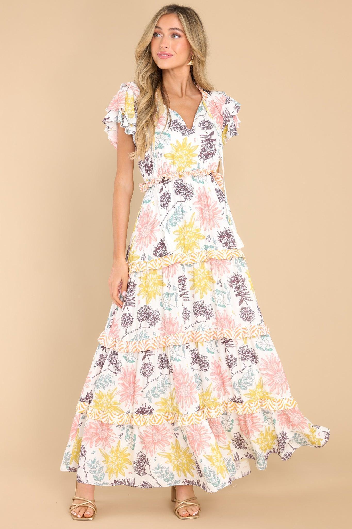 Aura If You Dare Ivory Multi Floral Print Maxi Dress Product Image