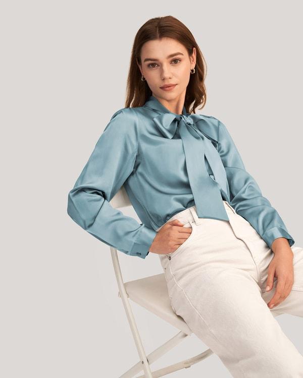 Women Bow-tie Neck Silk Blouse Product Image