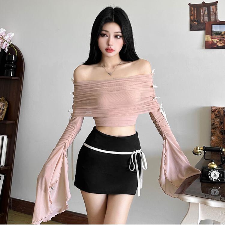 Flared-Sleeve Plain Ruched Bow Crop Top Product Image