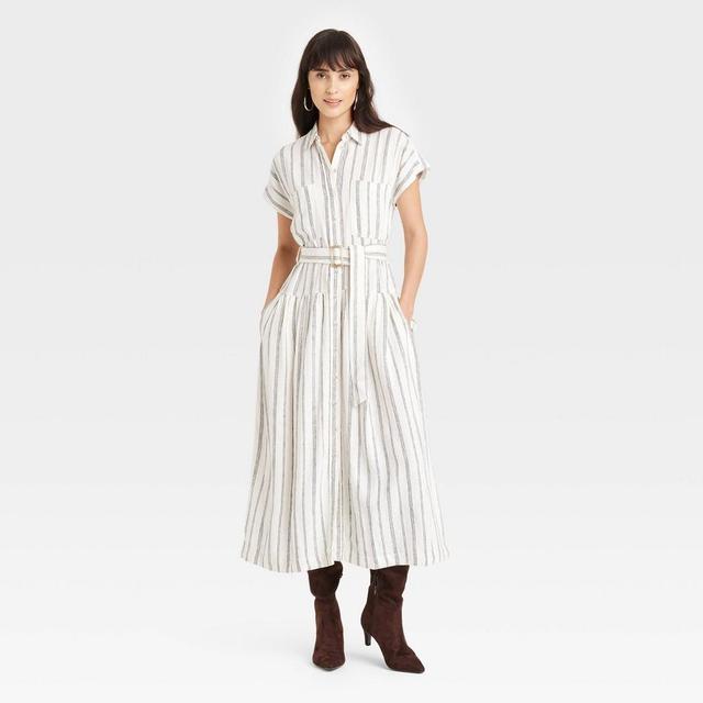 Womens Short Sleeve Belted Midi Shirtdress - Universal Thread White Striped M Product Image