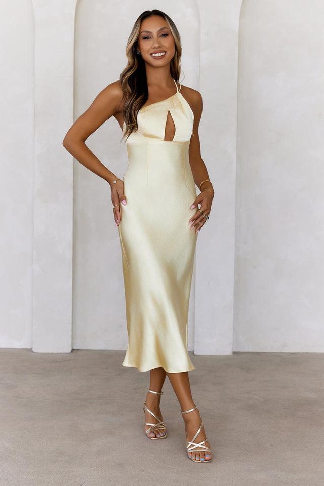 Kiss Of Celebration Satin One Shoulder Midi Dress Yellow Product Image