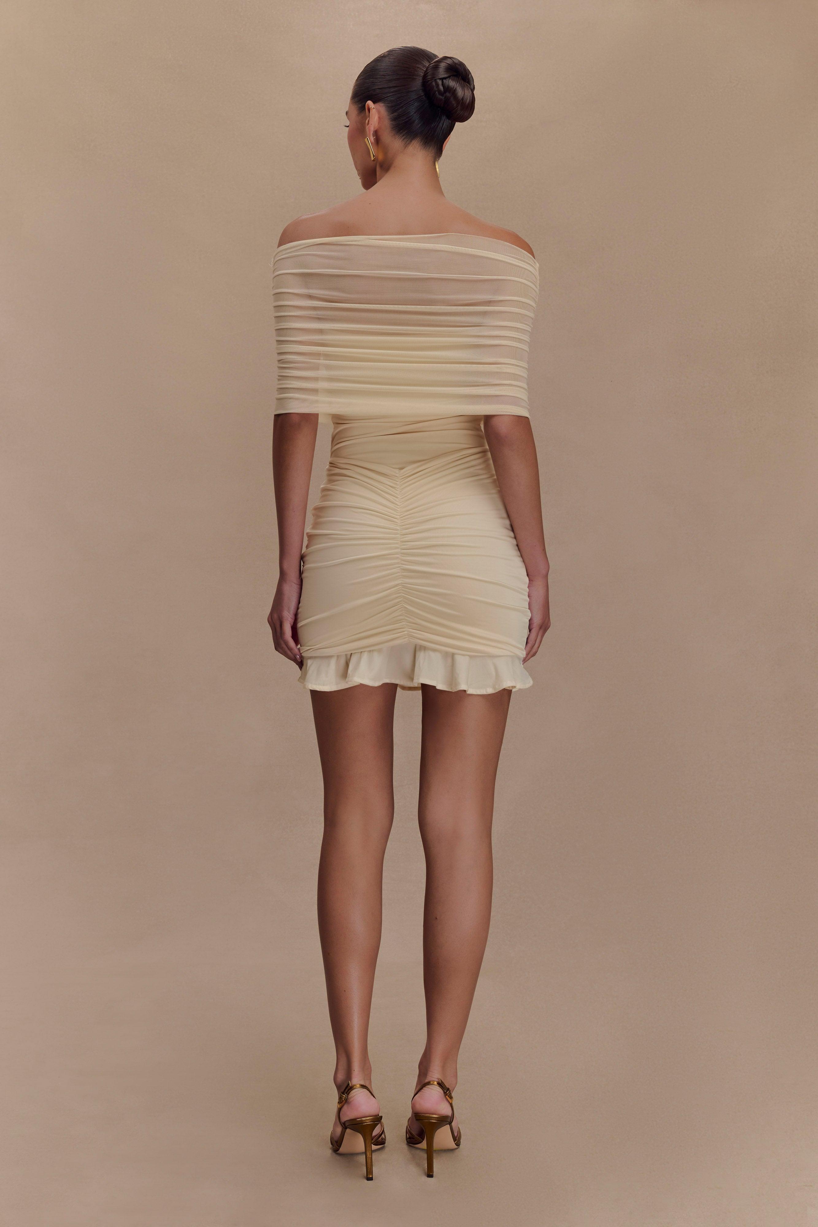 Caspian Slinky And Mesh Off Shoulder Mini Dress - Ivory Product Image