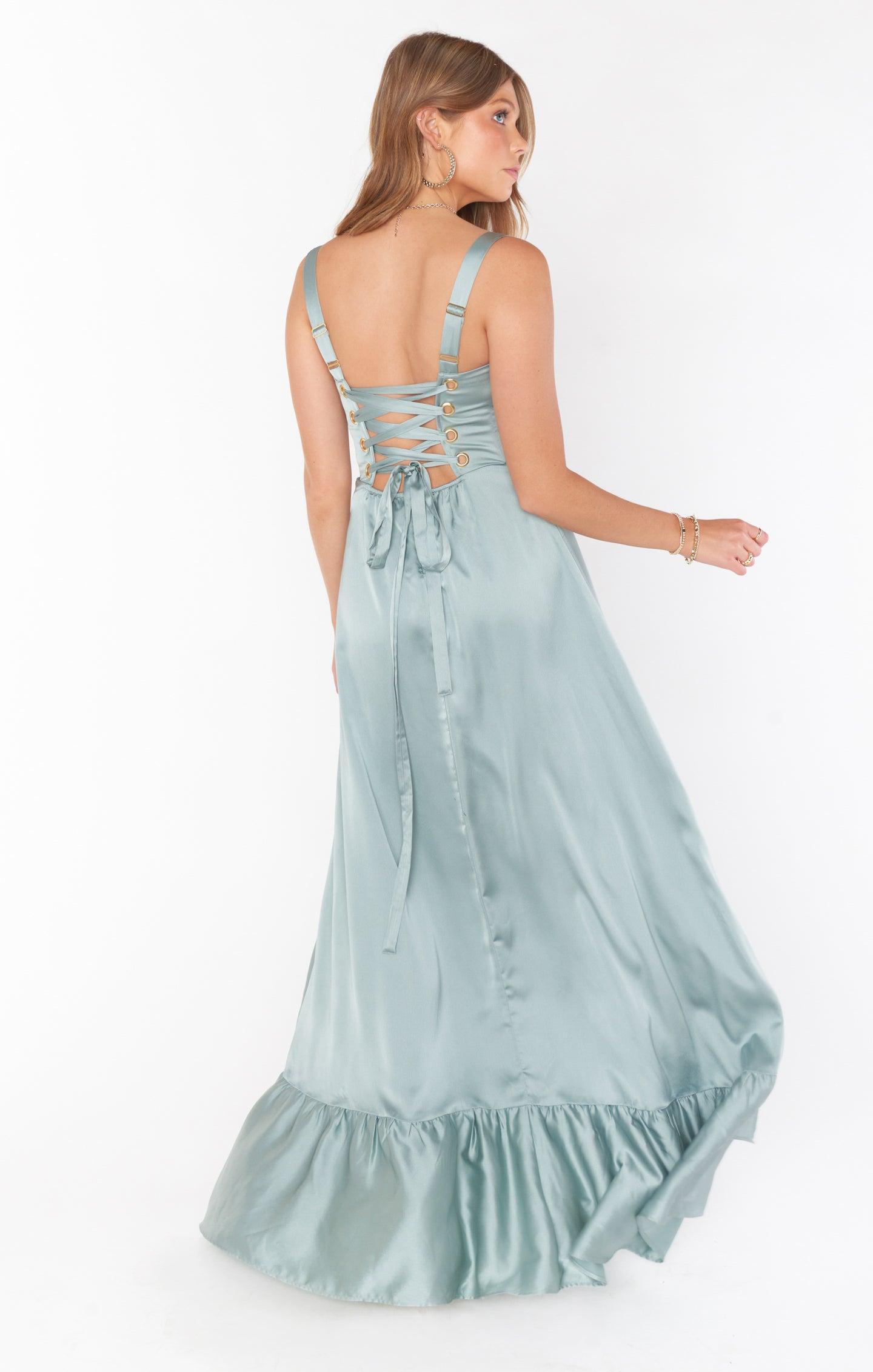 Clarissa Corset Dress ~ Silver Sage Luxe Satin Product Image