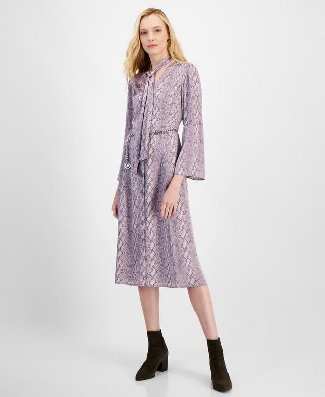 Michael Kors Womens Snake-Print Bell-Sleeve Midi Dress with Chain Belt Product Image