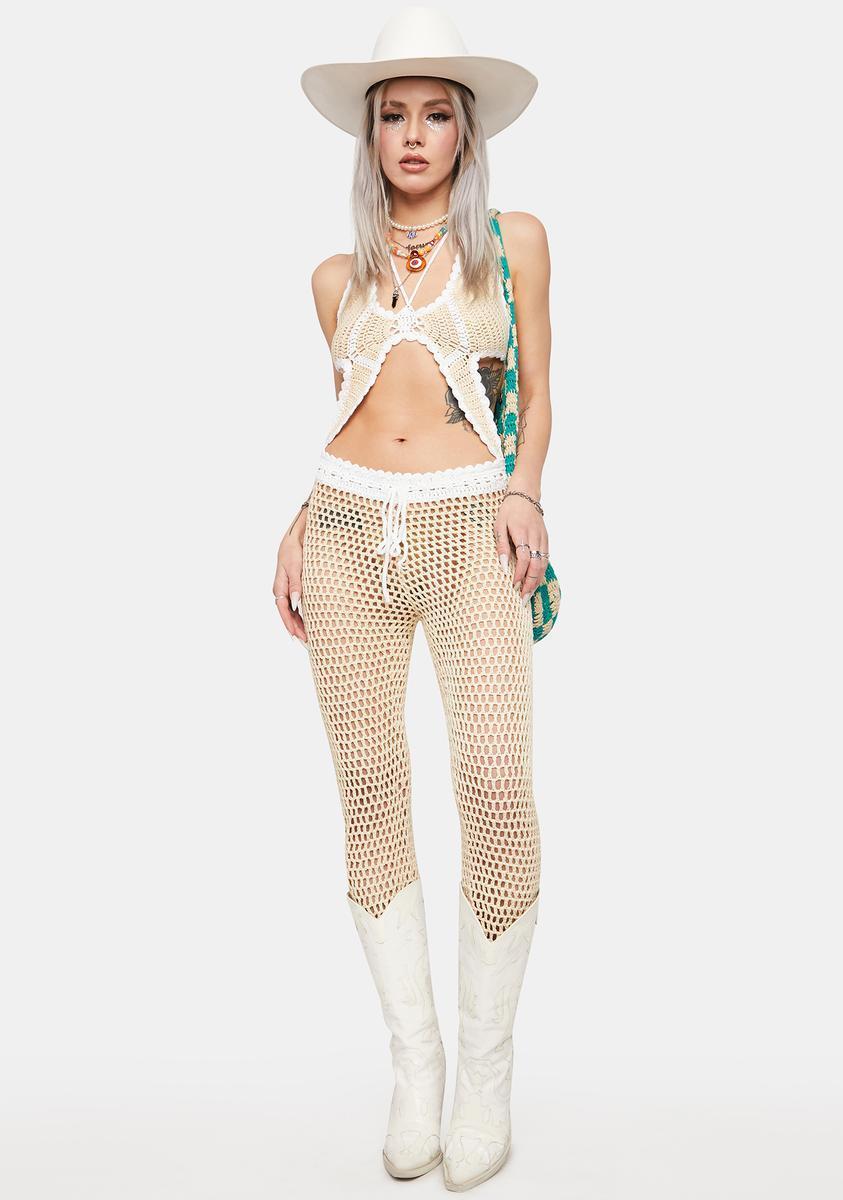 Crochet Contrast Trim Halter Crop Top And Sheer Loose Pants Set Product Image