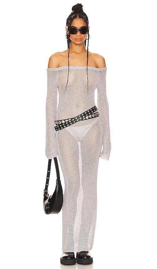 superdown Storm Sheer Maxi Dress in Metallic Silver. Size L, M. Product Image