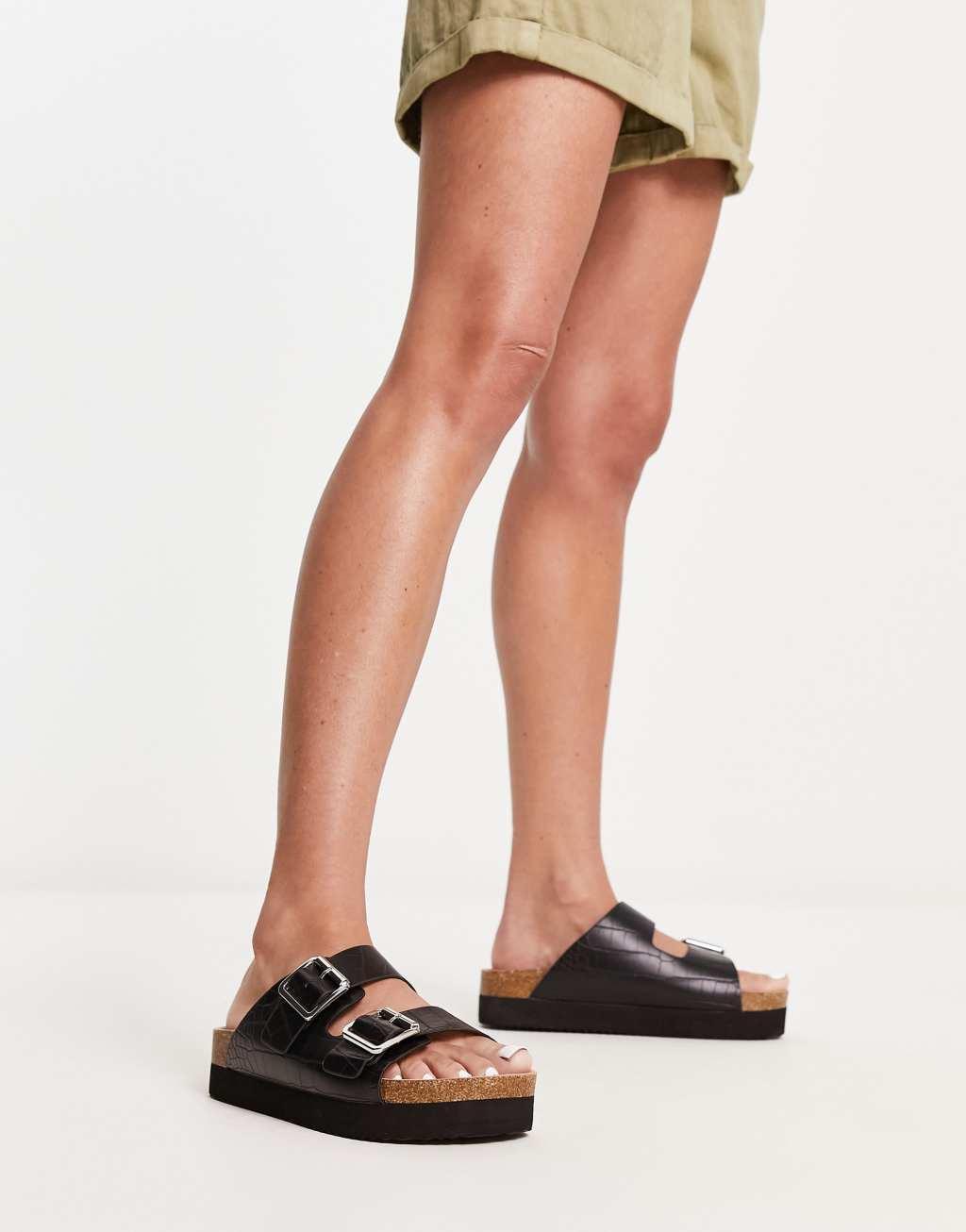 Monki double strap flat croc sandals in black Product Image