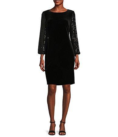 Alex Evenings Short Sheath Dress w/ Long Sequin Bubble Hem Sleeves Women's Dress product image