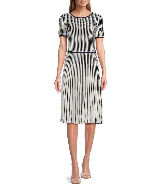 Ming Wang Soft Knit Grid Striped Print Short Sleeve Contrasting Trim A-Line Midi Dress Product Image