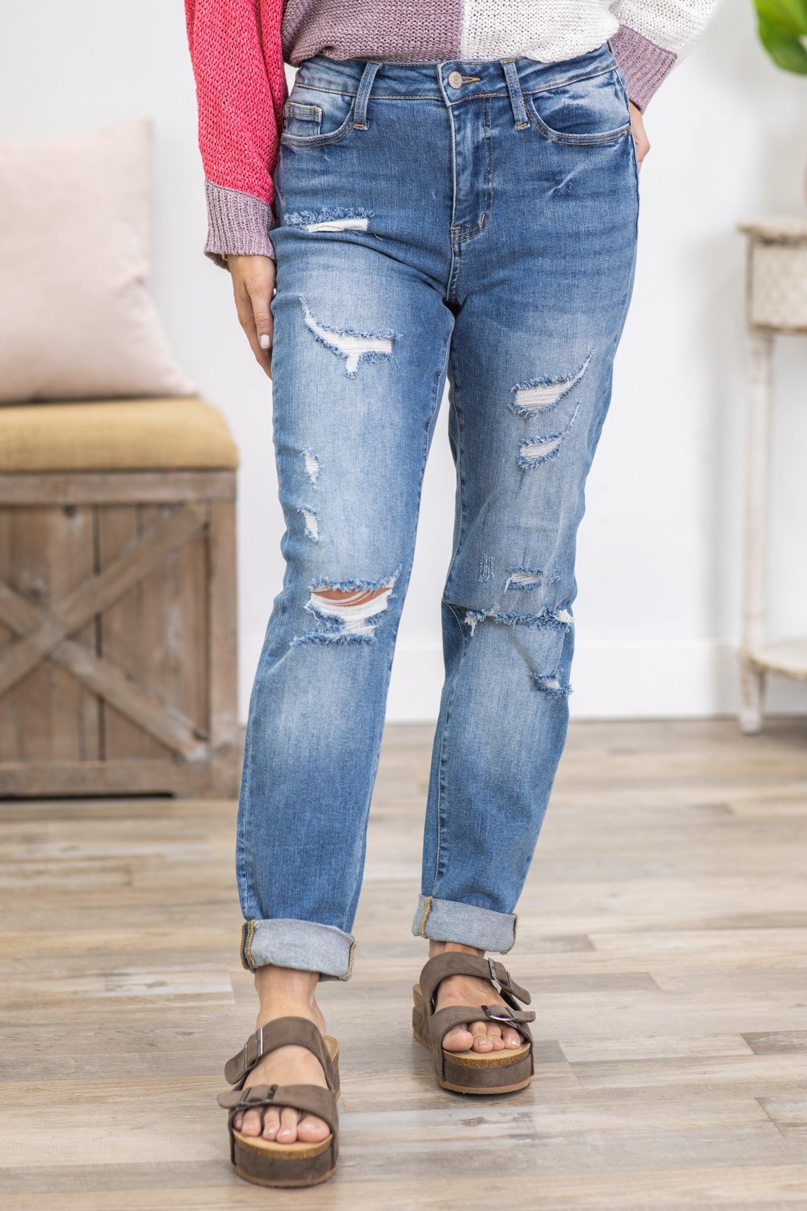 Judy Blue Cuffed Boyfriend Jean With Distress Product Image