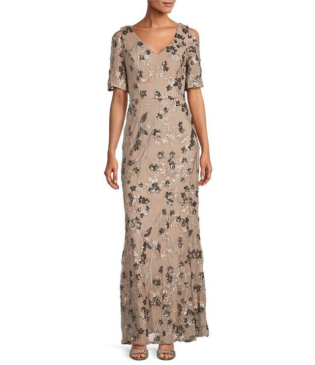 Alex Evenings Short Cold Shoulder Sleeve V-Neck Embroidered Tulle Gown Product Image