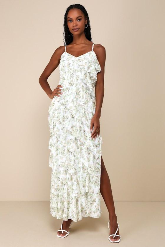 Feeling Flouncy Ivory Floral Print Tiered Ruffle Maxi Dress Product Image