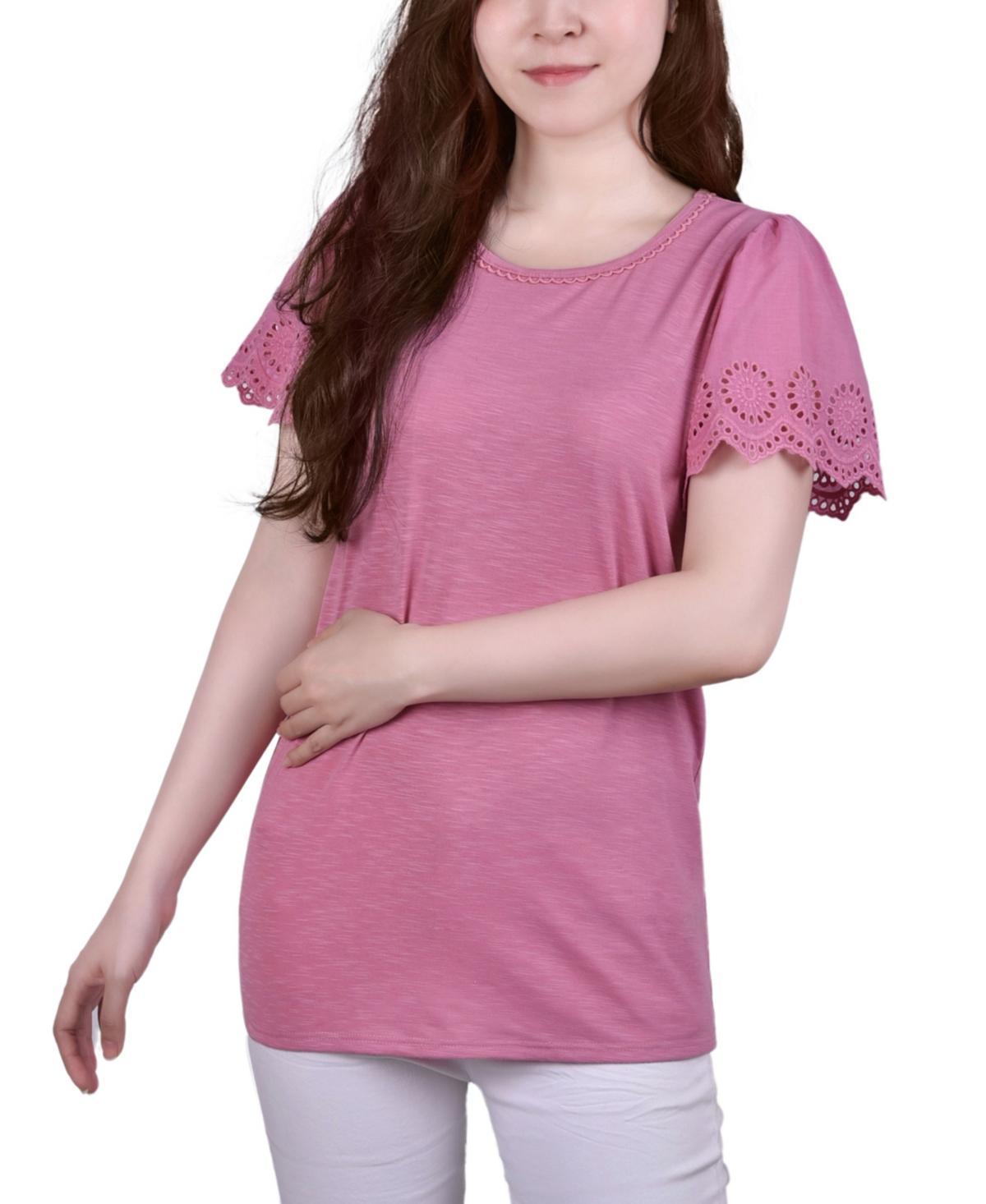 Womens Short Eyelet-Cut-out Sleeve Scoop Neck Top Product Image