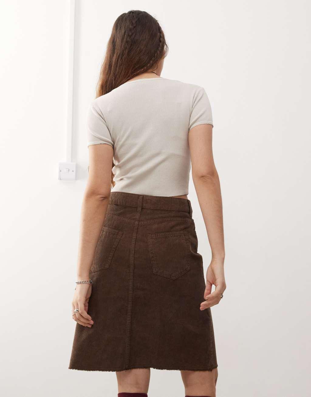 Weekday cord midi skirt with front split in washed brown Product Image