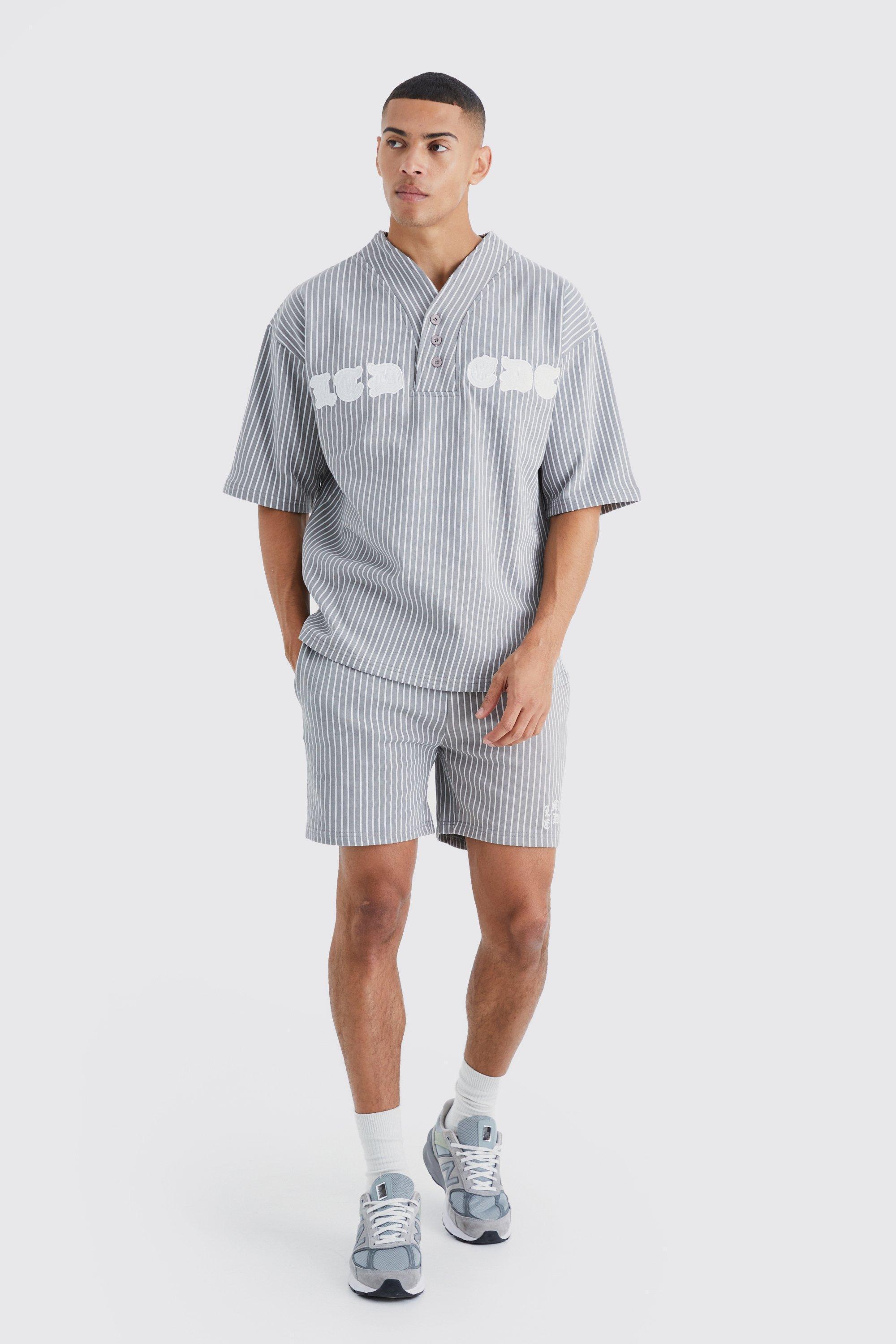 Oversized Pinstripe Baseball Polo & Short Set | boohooMAN USA Product Image