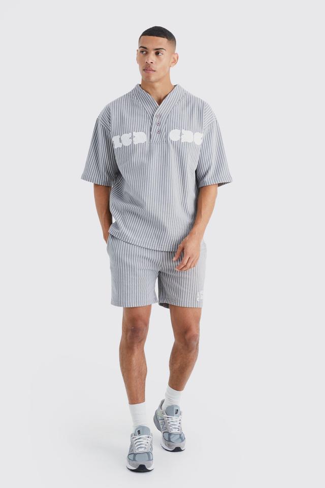 Oversized Pinstripe Baseball Polo & Short Set | boohooMAN USA Product Image