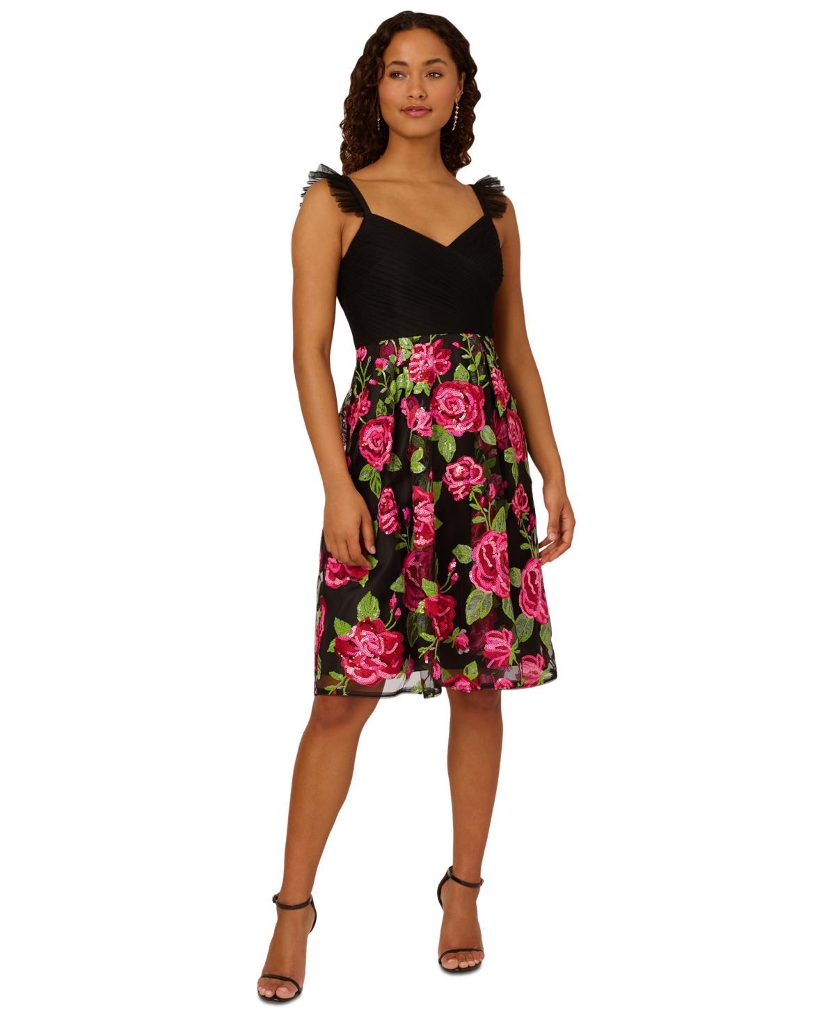 Adrianna Papell Womens Rose-Embroidered-Mesh Dress Product Image