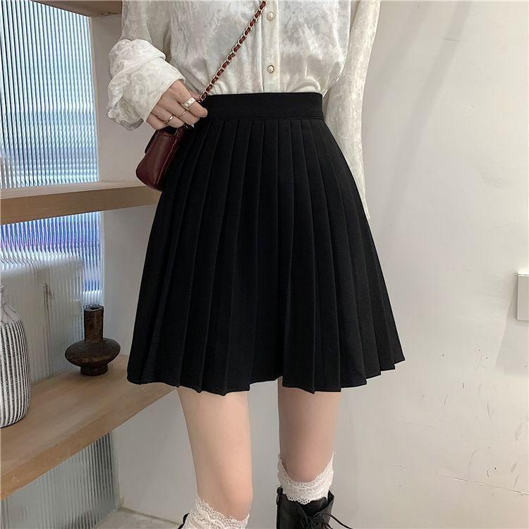 High Waist Plain Pleated Mini A-Line Skirt Product Image