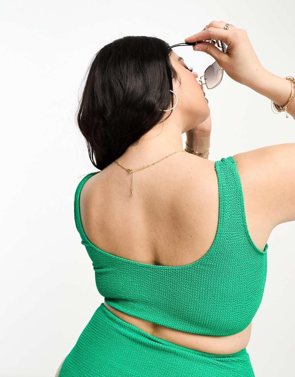 ASOS DESIGN Curve mix and match crinkle scoop crop bikini top in jewel green Product Image