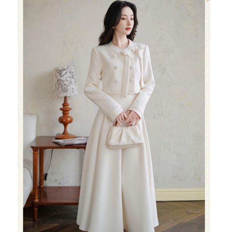 Set: Crew Neck Plain Bow Accent Double-Breasted Crop Jacket + High Waist Maxi A-Line Skirt Product Image