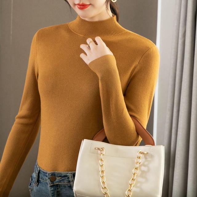 Long Sleeve Mock Neck Plain Ribbed Knit Top Product Image