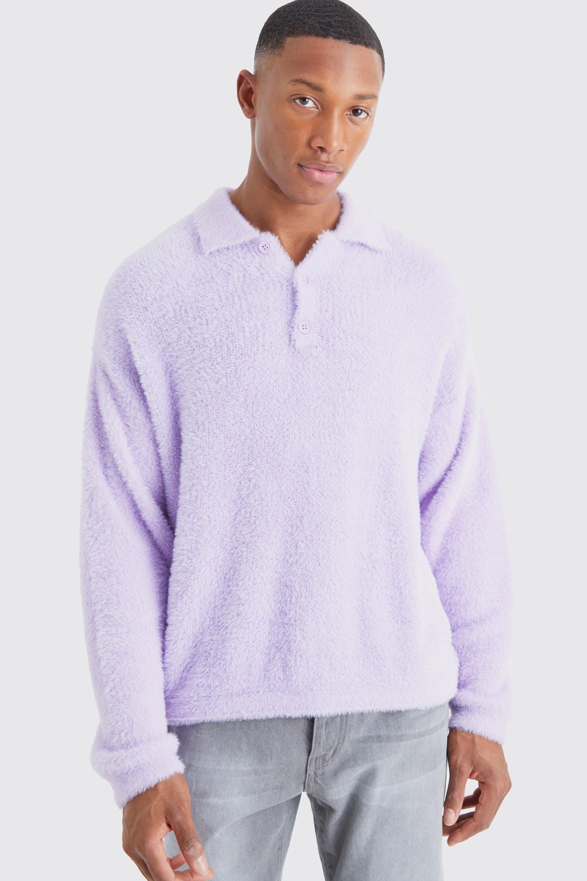 Mens Purple Boxy Fluffy Knitted Polo, Purple Product Image