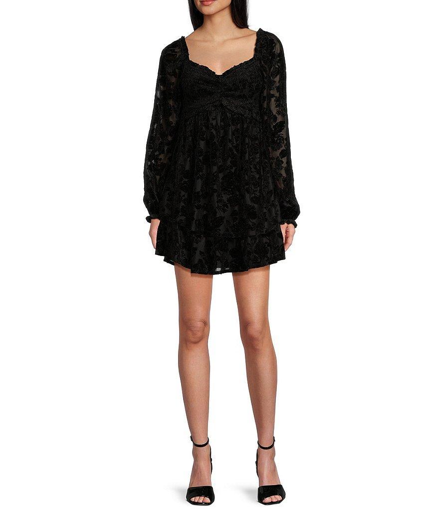 Midnight Doll Long Sleeve V-Neck Burnout Velvet Dress Product Image