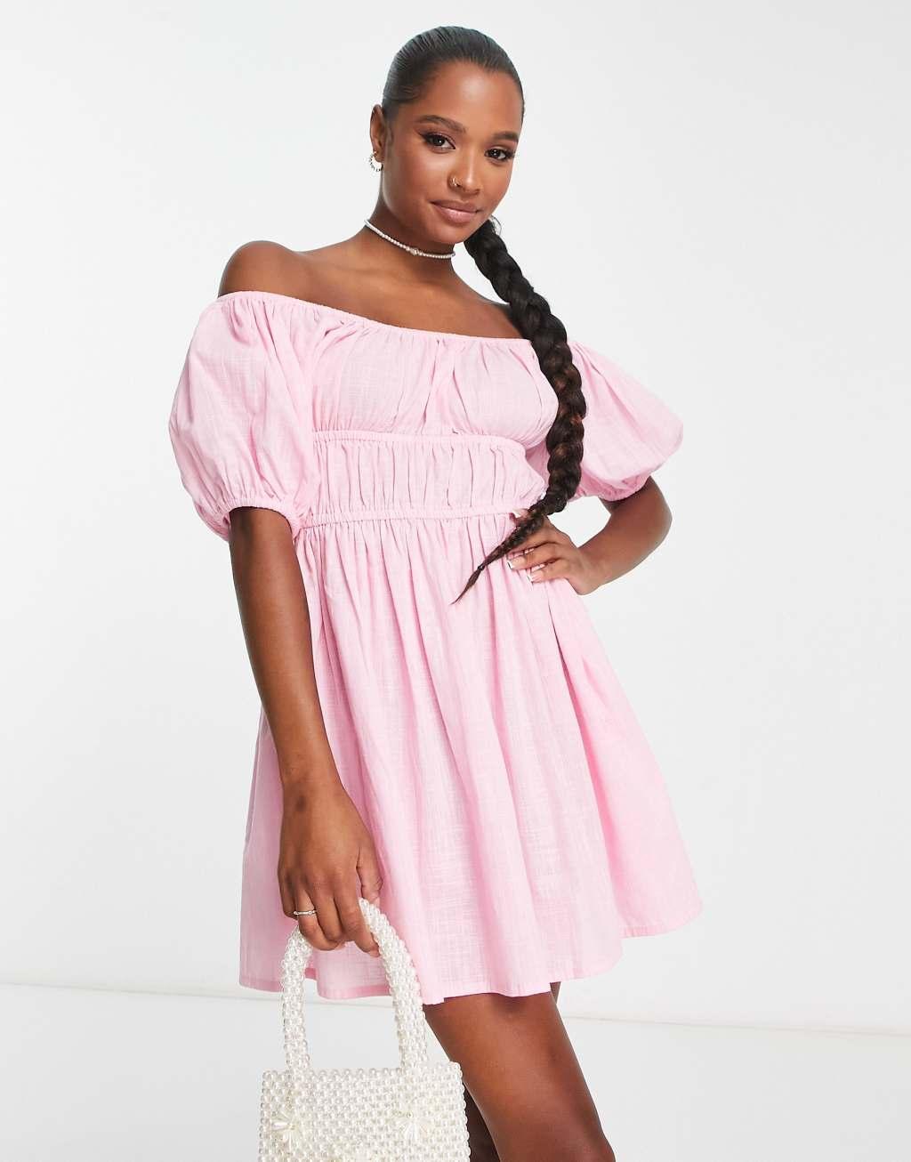 ASOS DESIGN petite off shoulder milkmaid beach dress in pink Product Image