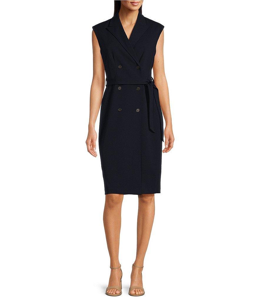 Calvin Klein Scuba Crepe Sleeveless Notch Lapel Collar V-Neck Tie Waist Faux Wrap Dress Product Image