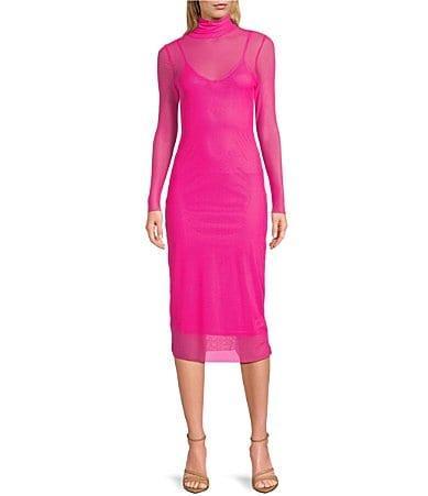 Steve Madden Vivienne Mesh Turtleneck Long Sleeve Bodycon Midi Dress Product Image