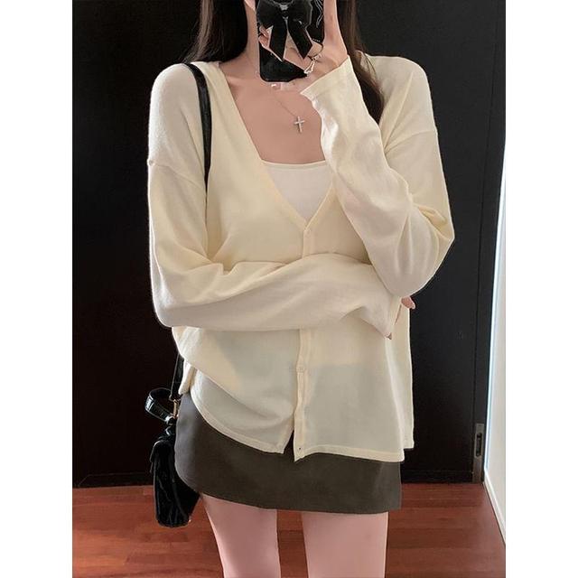 V-Neck Plain Button-Up Cardigan Product Image