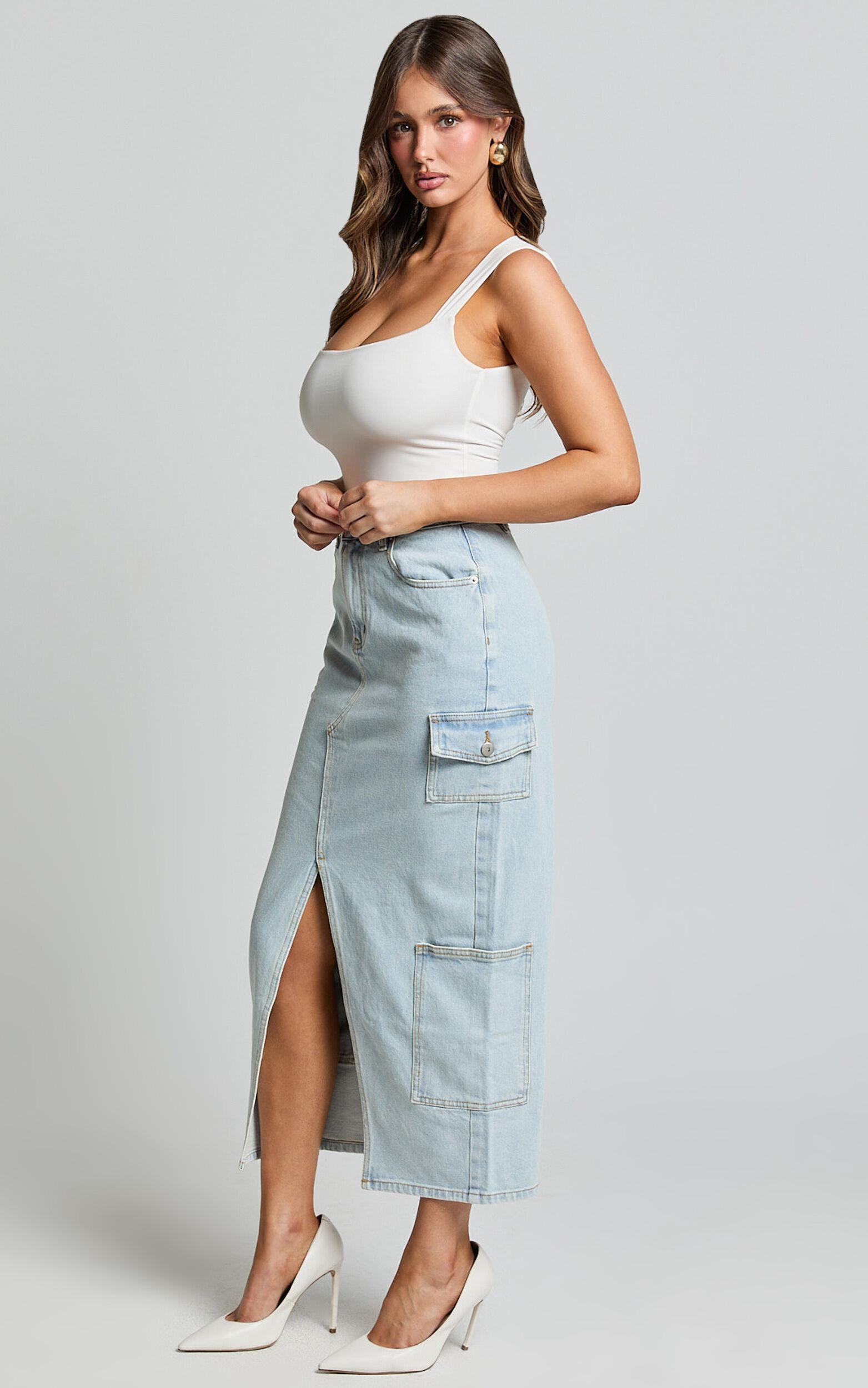 Sylvia Midi Skirt - Utility Pockets Denim Skirt in Light Blue Wash Product Image