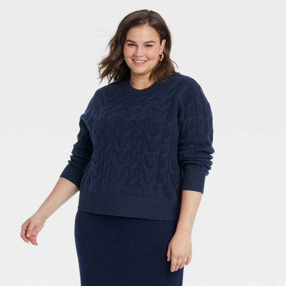 Womens Cable Crewneck Pullover Sweater - A New Day Navy 4X Product Image