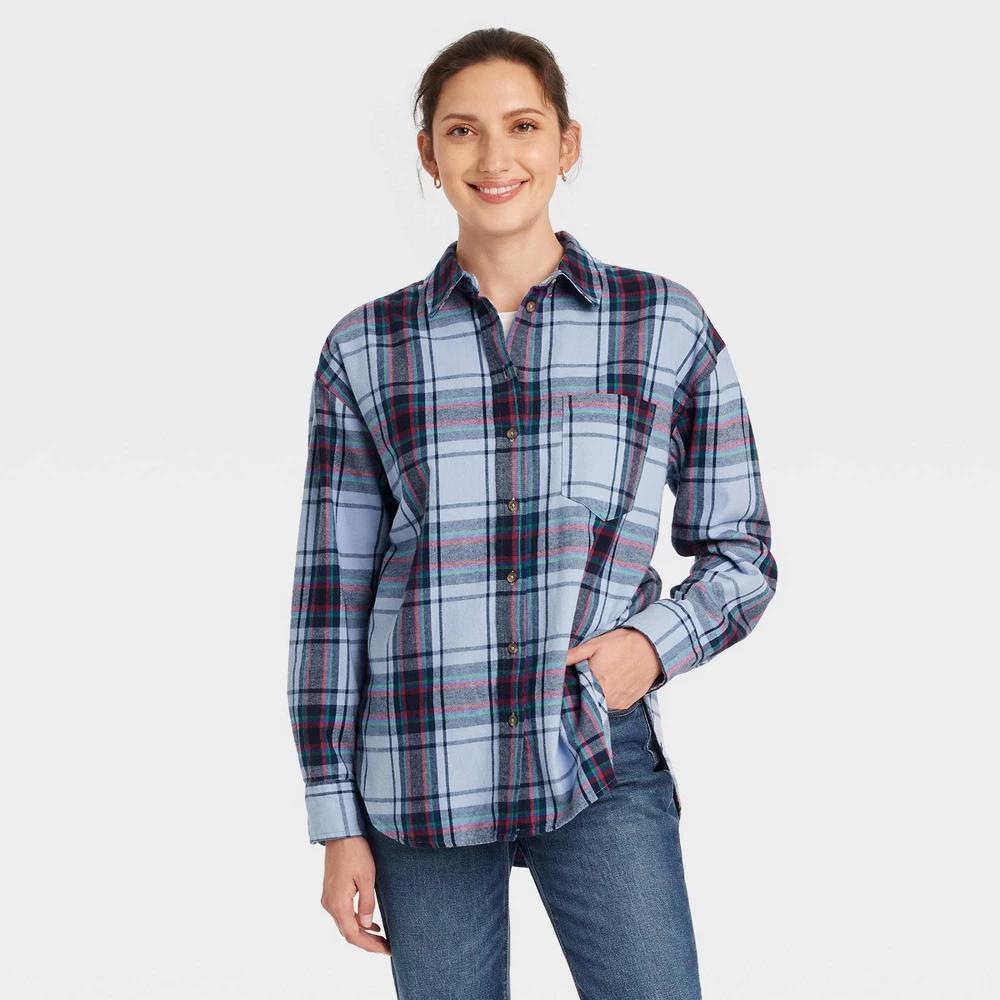 Womens Oversized Flannel Long Sleeve Collared Button-Down Shirt - Universal Thread Light Blue Plaid L Product Image