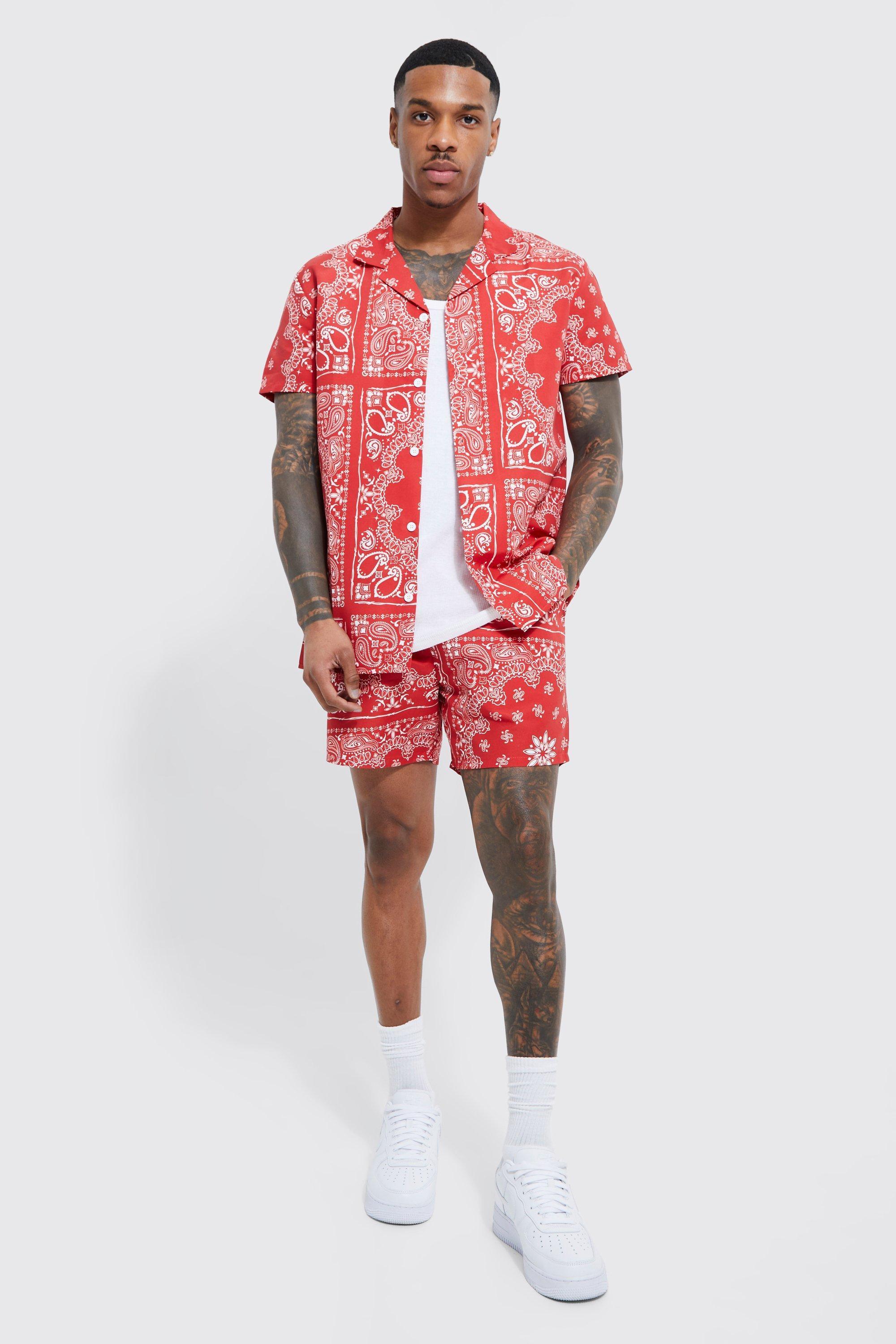 Short Sleeve Bandana Swirl Shirt And Swim Trunks | boohooMAN USA Product Image