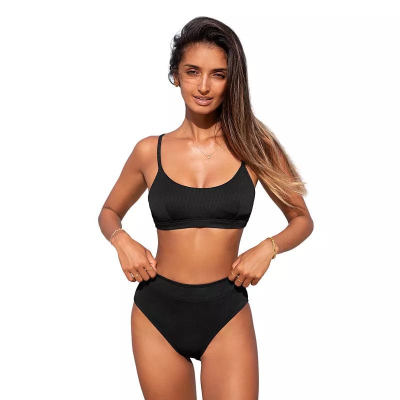 Womens CUPSHE Rib Scoop Bralette & Banded High Waist Bikini Set Product Image