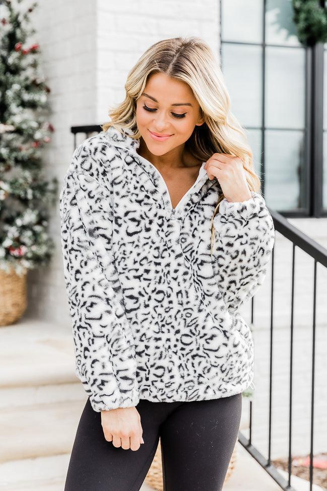 Too Much Fun Fuzzy Black And Ivory Leopard Print Quarter Zip FINAL SALE product image