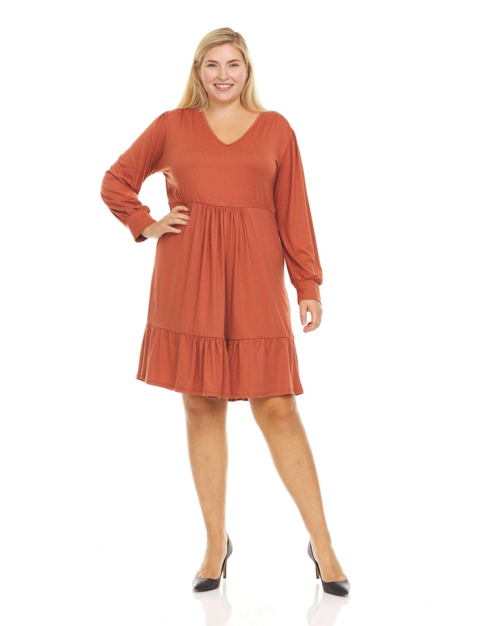 Long Sleeve Solid Color V-neck Multi Tiered Midi Dress- plus Product Image