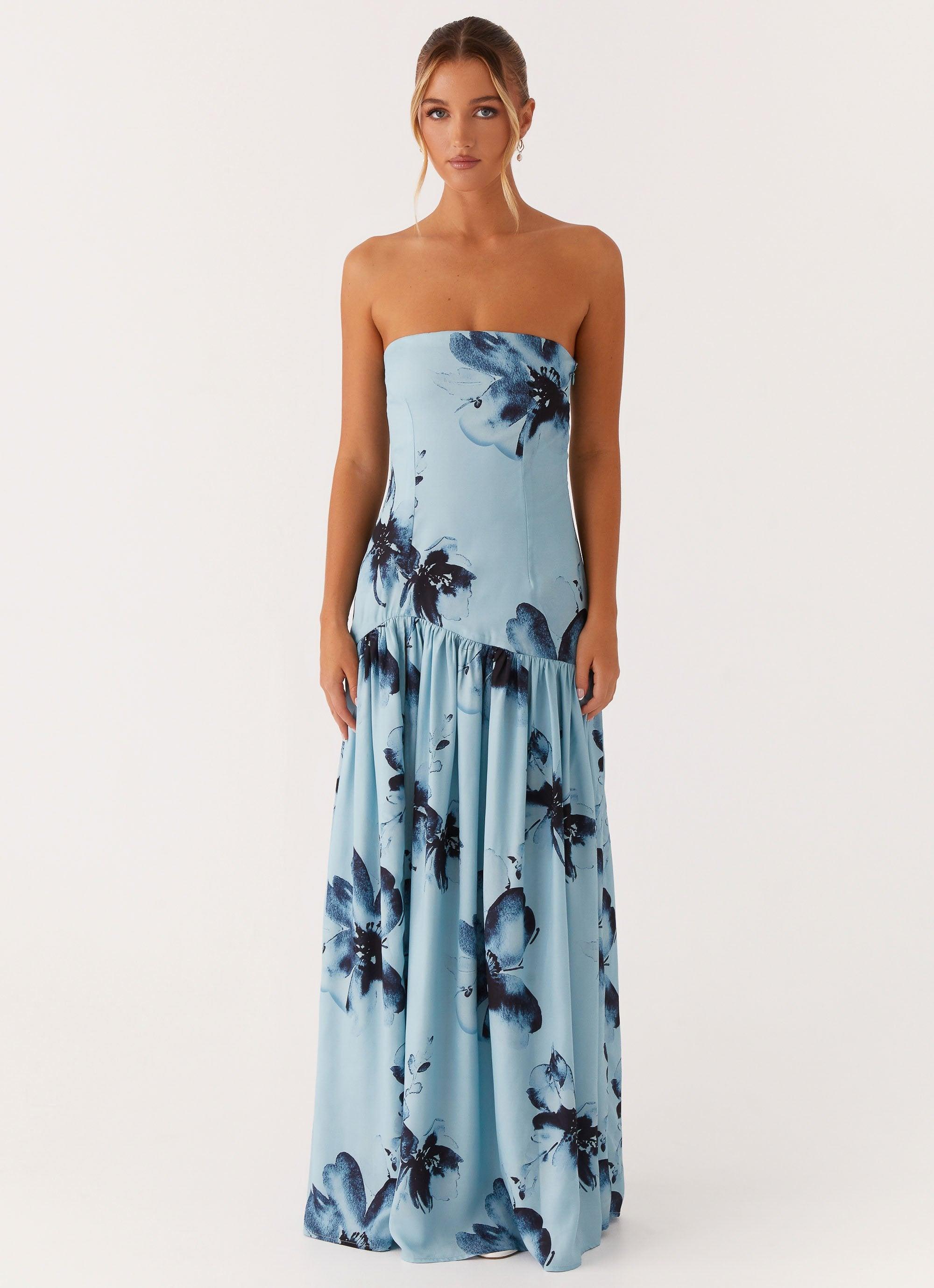 Eden Strapless Maxi Dress - Blue Black Floral Product Image