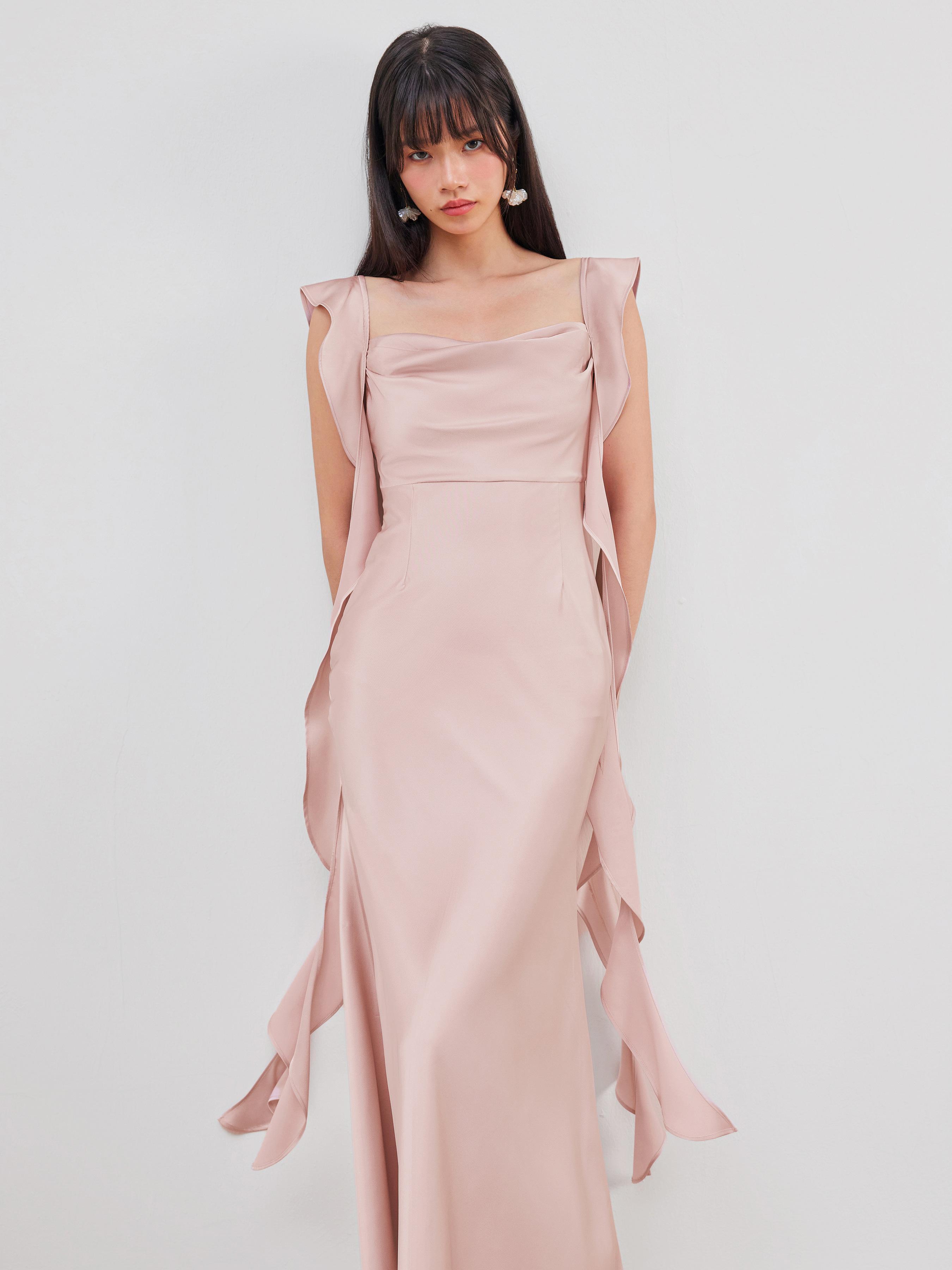 Satin Cowl Neck Solid Ruffle Hem Maxi Dress Product Image